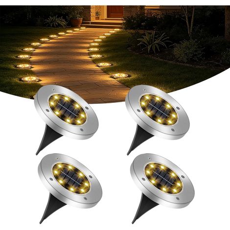 Lampes solaires d'extérieur pour jardin (lot de 4), lampes à 8 LED IP65 étanches à encastrer, adaptées aux spots solaires encastrés (lumière blanche chaude) pour les allées, patios, terrasses, pelouse (1/5)