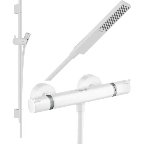 HANSGROHE Pack mezclador termostático de ducha Ecostat Comfort + barra Unica S Puro + flexible + rociador Pulsify E blanco mate