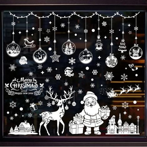 (9 feuilles) 202 grands autocollants de Noël pour fenêtres, autocollants réutilisables double face avec motif flocons de neige pour la décoration de Noël à la maison ou au bureau (1/5)