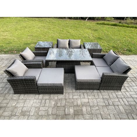 Fimous Outdoor Garden Furniture Sets 9 Pieces Wicker Rattan Furniture Sofa Dining Table Set with 2 Big Footstool 2 Side Tables Dark Grey Mixed (1/5)