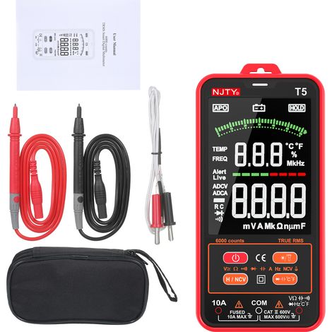 Multimètre Numérique TRMS 6000 Comptes NJTY T5, Testeur Universel avec Écran LCD 3,8", Voltmètre 600V, Ampèremètre 10A, Tension/Courant AC/DC, Résistance, Capacité, Température, Diode, Buzzer, NCV, Do (1/5)
