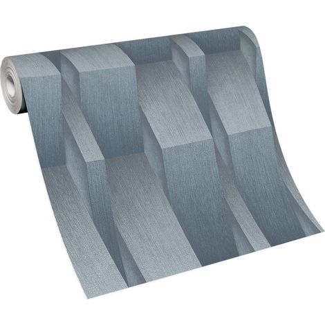 Papier peint 3D bleu & gris original | Tapisserie moderne bleu & grise salon & couloir | Papier peint trompe l'oeil effet d'optique (1/3)
