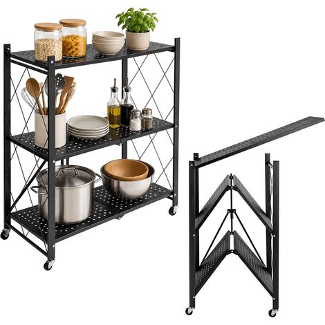 Relaxdays folding shelf unit on wheels, 3 shelves, up to 75 kg, H x W x D: 91 x 71 x 34 cm, with brakes, steel, black (1/5)