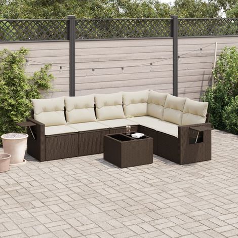 Ensemble Salon de Jardin Résine Tressée Marron 7 Pièces Modulaire - 6 Sièges, Table et Coussins Crème avec Rangement et Fonction Gaz (1/3)