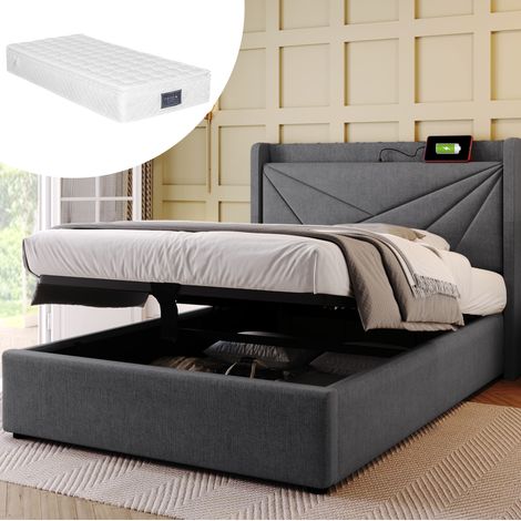 Letto Contenitore 90x200 cm (Materasso Incluso) con Testiera Imbottita e Ricarica USB (1/5)