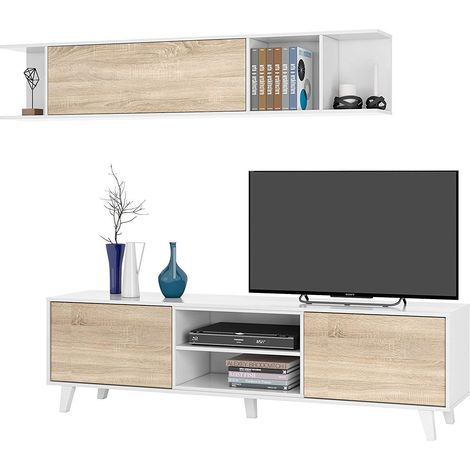 Meuble de salon ou salle à manger, module TV + étagère Blanc brillant et chêne canadien, dimensions : 180 cm (largeur) x 51 cm (hauteur) x 41 cm (profondeur). Modèle Zaiken Plus (1/5)