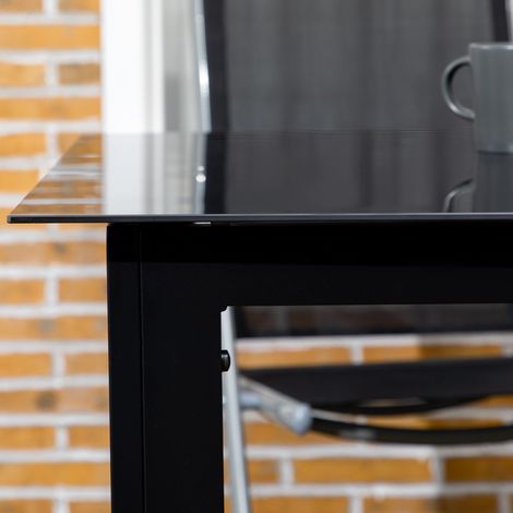 Table de jardin rectangulaire 6 personnes, plateau en verre trempé et aluminium, dimensions 150x90 cm, couleur noire