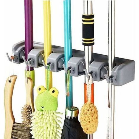 Porte Balai Mural Multifonctions,Support Cintre de pour Votre Cuisine,Garage,Buanderie pour Cuisine, Salle de Bain, Garage et Jardin (5 Emplacements et 6 Crochets)