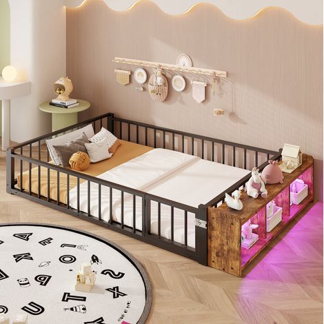 Kinderbett 140x200 cm schwarz aus Metall und MDF mit Schutzgeländer, Stauraum und LED-Beleuchtung (1/5)