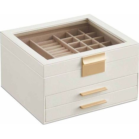 Coffret à bijoux avec couvercle en verre, design à trois niveaux, deux tiroirs, rangement pour bijoux, style moderne, choix cadeau parfait, blanc nuage - or. (1/5)