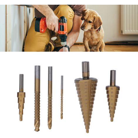 Pagodenbohrer-Set bestehend aus einem titanbeschichteten Pagodenbohrer, einem Sägezahn-Spiralbohrer und Profilbohrern. (1/5)