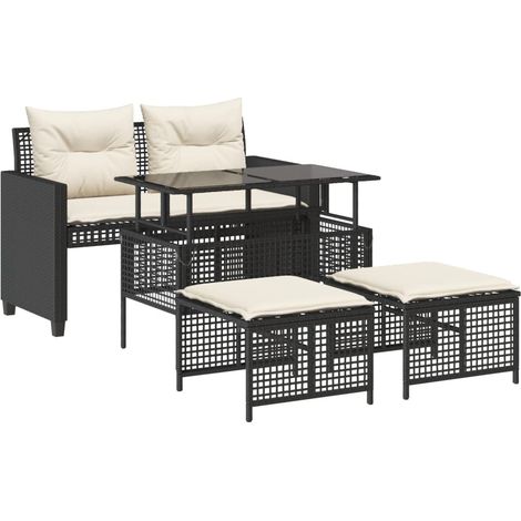 Salon de jardin avec coussins 4 pcs Mobilier de jardin noir résine tressée verre (1/5)