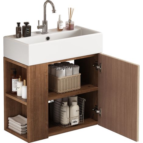 ELVMI Mueble Bajo Lavabo con 1 Puerta y Estantes Laterales, Lavabo de Cerámica, para Baño, MDF, Marrón (1/5)