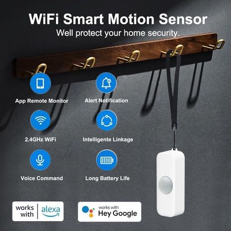 Rilevatore di movimento intelligente, sensore di movimento a infrarossi WiFi per sistema di allarme, rilevatore con monitoraggio remoto tramite app, notifiche di allarme, compatibile con Alexa. (1/4)