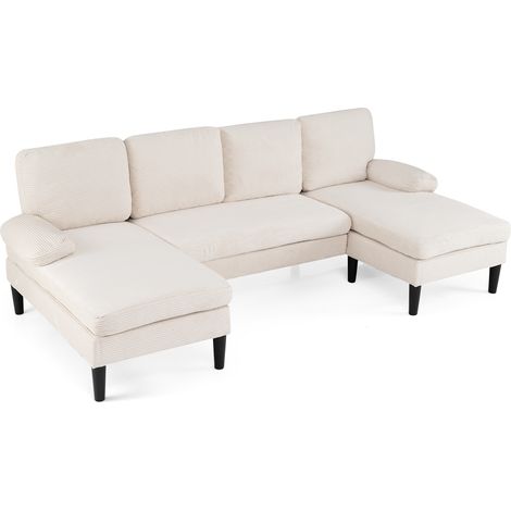 Canapé d'Angle Convertible en U, Canapé 4 Places Modulable en Velours Côtelé/Chenille avec 4 Coussins, Assise et Dossier Rembourrés, Beige (1/5)