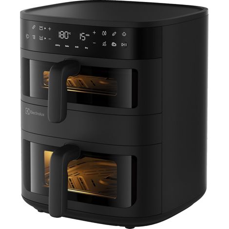 Electrolux Air Fryer 800 EAFD11B, 11L, Doppio Cassetto Dual Zone, Sync Finish & Link Cook, Design Verticale Salvaspazio con Finestre, 8 Programmi, 60-200°C, 2700W, Compatibile Lavastoviglie, Nero