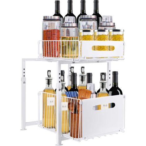 Rangement sous Évier en Métal à 2 Niveaux avec Tiroir de Rangement Coulissant, pour Salle de Cuisine, Bureau, Bain, 29x38x49cm, blanc (1/5)