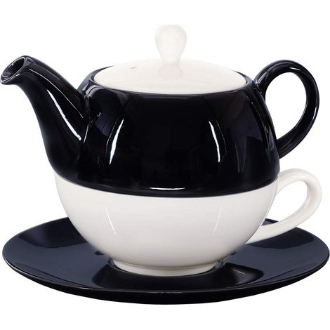 Hêtre Tea for One Lait de thé en porcelaine de Chine Crystal Bone Noir et blanc 500 ml Théière + tasse à thé + soucoupe (1/5)