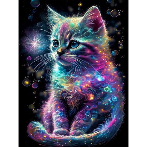 5D Diamond Painting - Chaton galaxie violet - petit 30x40cm - set de tableaux DIY avec pierres carrées pour hall d'entrée, escalier, cuisine, salle à manger (1/5)