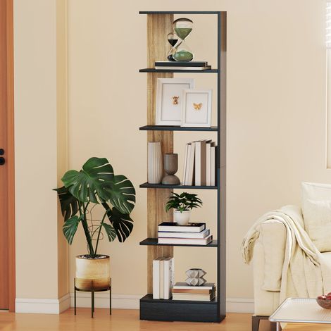 Libreria con 5 vani a giorno, 45 x 21 x 170 cm, nera e rovere