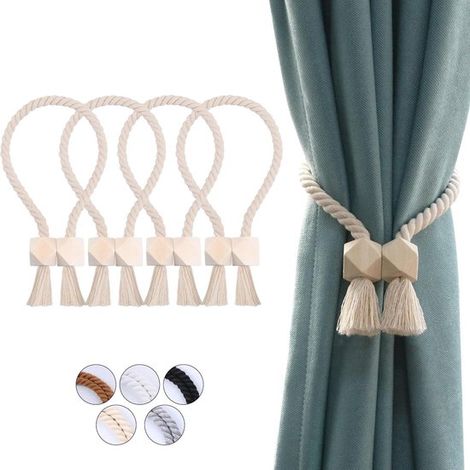 Sujetadores magnéticos de cortina de algodón con cuentas de madera - juego de 4, color beige, para uso interior y exterior. (1/5)