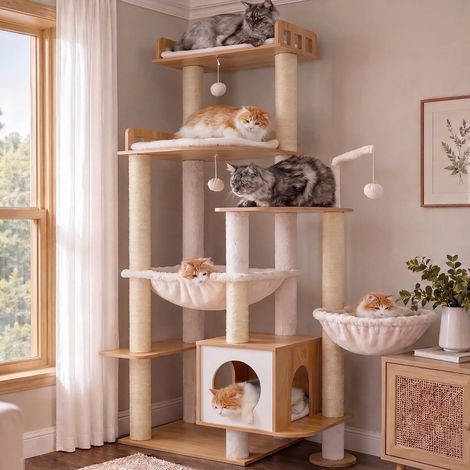 Arbre à Chat Tour 179 cm pour Gros Chats Intérieur, Structure Extra Stable, Meuble pour Chats Moderne avec Poteaux à Griffoir en Sisal, Condo (1/5)