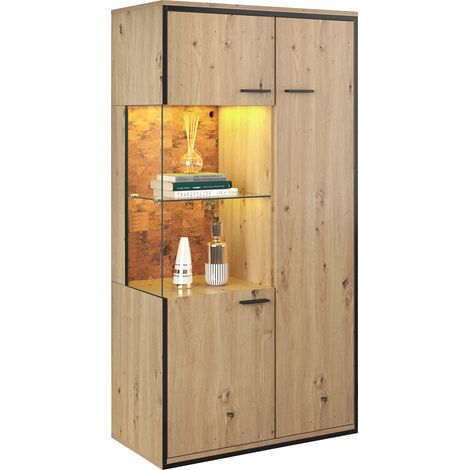 Vitrina con 1 Puerta de Cristal, 3 Estantes Regulables y LED 15 Colores, Estilo Moderno, en MDF, Natural, 77,5×40×150 cm (1/5)