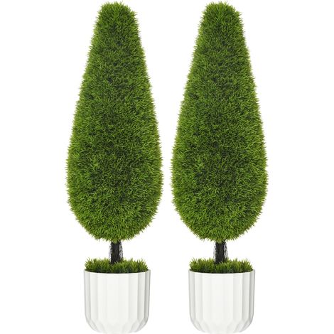 Set de 2 cipreses artificiales verdes 90 cm con maceta decorativa y césped sintético (1/5)