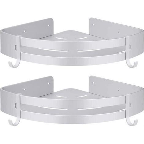 Eck-Duschregal ohne Bohren, Badezimmer-Duschaufbewahrung, Badezimmerzubehör, Duschhalter, rostfreies Aluminium, 2er-Set, weiß, mit Haken (1/4)