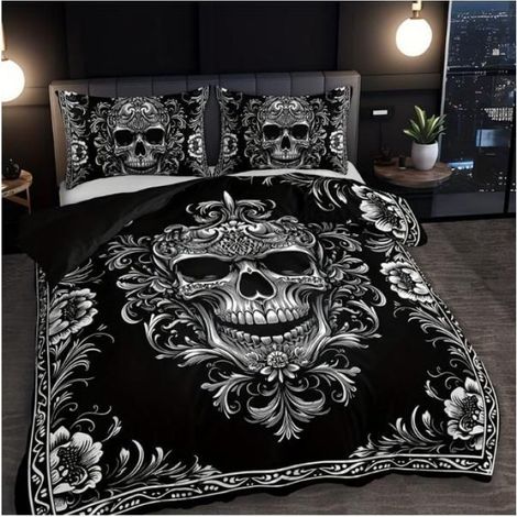 Housse De Couette - Tete De Mort - 200x200 cm - Pour Lit Enfant - Noir Et Blanc - 3D Imprimée - 2 Pièces (1/4)