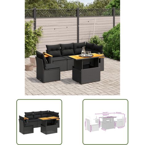 The Living Store Salon de jardin 6 pcs avec coussins noir résine tressée - Salon De Jardin - Meuble Extérieur - Set Salon - Résine Tressée - Rotin Synthétique (1/3)