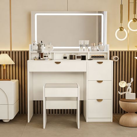 Coiffeuse avec Miroir et 3 Modes d'éclairage réglables, Fonctionnelle, équipée de 4 tiroirs, Compartiments Pratiques, Fauteuil Confortable et Prise de Courant, Couleur Blanche