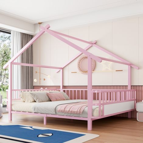 Lit Maison Métal Enfant 140x200cm, Barrière Sécurité, Structure Toit, Cadre Décoratif, Rose (1/4)