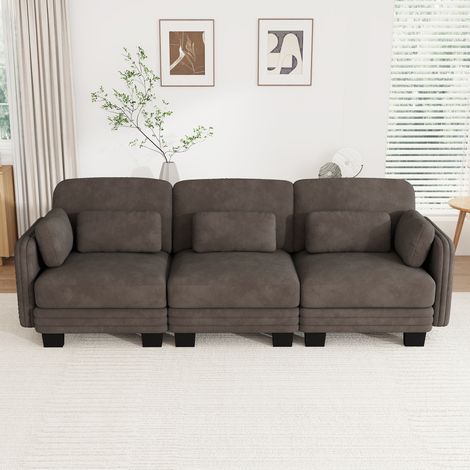 Divano modulare lineare 3 posti con cuscini lombari e braccioli, ciniglia marrone, 253 x 88 x 88 cm (1/5)