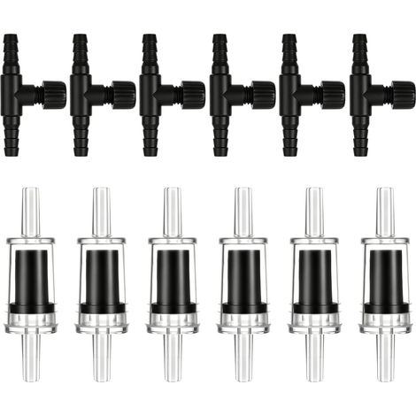 Aquarium Air Pump Accessories, 12 Pcs One Way Check Valve Aquarium Plastic Aquarium Air Valve for Fish Tank 3/16" Aquariums Tubing (6 Check Valves +6 Control Valves) (Black)