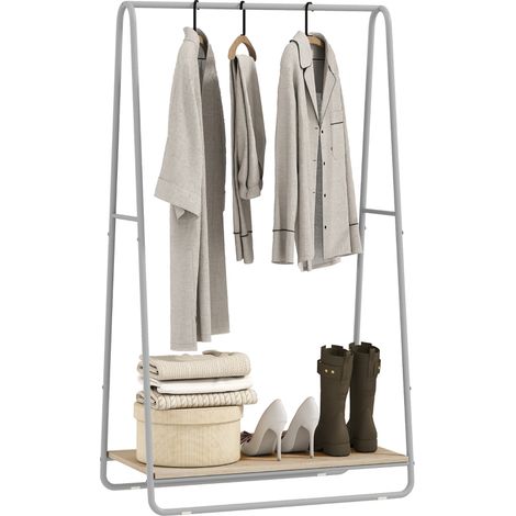 Porte-vêtements 3 en 1 avec étagère à chaussures et barres métalliques en gris pour un rangement optimal et élégant (1/5)