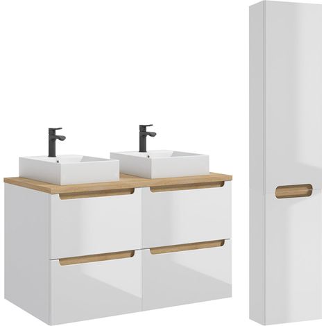 Ensemble meuble double vasque 120cm 4 tiroirs et colonne Livia Blanc et Bois (1/5)