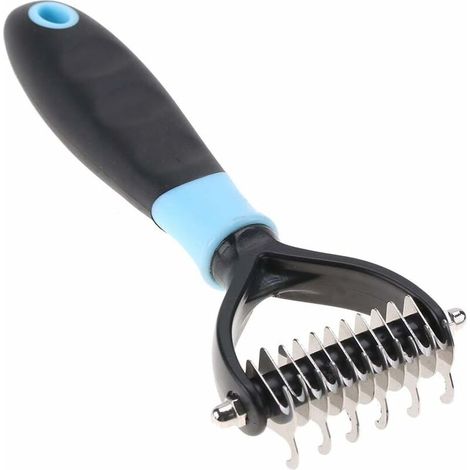 Peigne démêlant professionnel en acier inoxydable pour chats et chiens, avec grattoir à sous-poil double face (bleu) (1/5)