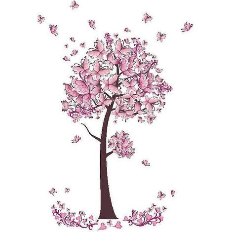 Stickers muraux papillon rose, arbre à fleurs, décoration de fond de chambre (1/5)