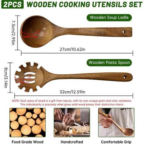 Ensemble de louche à soupe et cuillère à pâtes en bois - Louche à soupe en bois 2 pièces - Ensemble de 2 louches à soupe en bois avec louche et cuillère à pâtes - Bois naturel lisse pour la cuisson, l (1/5)