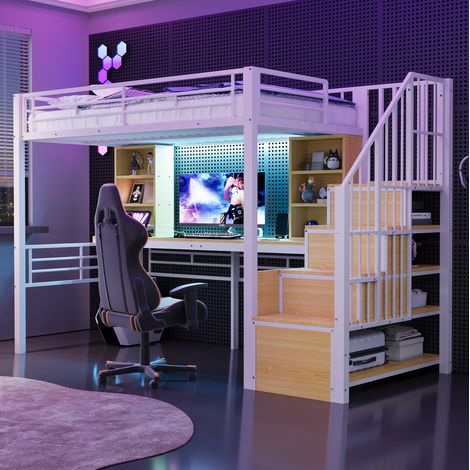 Cama alta 90x200 cm blanca metal y MDF con escritorio y escalera con almacenaje (1/5)