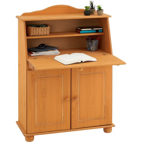 Idimex – Bureau secrétaire droit en pin massif teinté – Dimensions 117 x 82 x 38 cm – Tablette rabattable et 2 étagères ajustables – Style traditionnel
