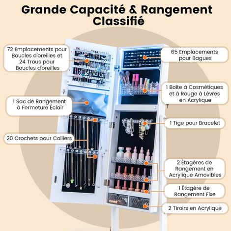 Montage facile armoire à bijoux sur pied avec miroir LED 3 couleurs, rangement verrouillable, angle réglable (1/5)