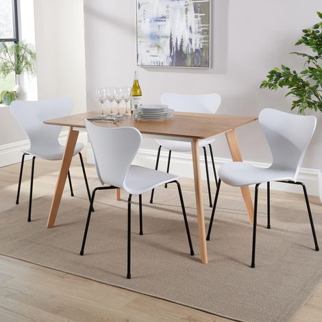 Dining Table Set 120cm Veneer Top Beech Legs 4 Curved White Plastic Metal Chairs (1/5)