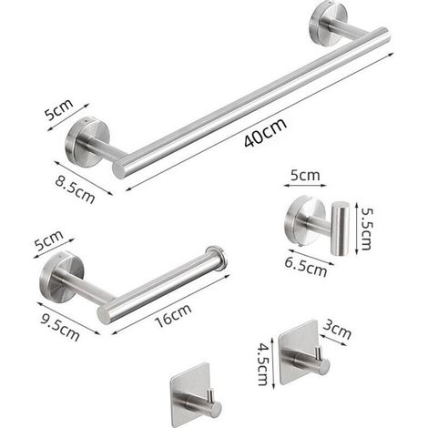 Set di 5 portasciugamani adesivi in acciaio inox, senza bisogno di forare, per il bagno: anello + gancio + portarotolo di carta.