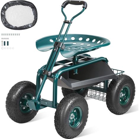 Siège de Jardin Roulant Pivotant à 360° Tabouret de Jardinage sur Roues Gonflables 25,4 cm Chariot avec Siège 760x450x960 mm Poignée Extensible Plateau à Outils pour Terrasse Cour Extérieur Vert (1/5)