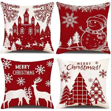 Lot de 4 Housses de Coussin Noël Bonhomme de Beige Rouge Château Modèle Décoratif Canapé Taie d'oreiller Décoration pour Chambre, canapé, Chaise, Voiture, Lit,Jardin 45 x 45 cm (1/5)