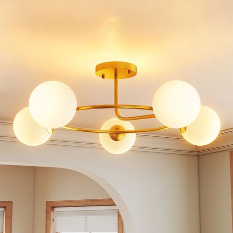 Plafonnier lustre moderne, luminaire plafonnier à 5 lumières avec culot G9, montage semi-affleurant, doré et blanc (1/5)