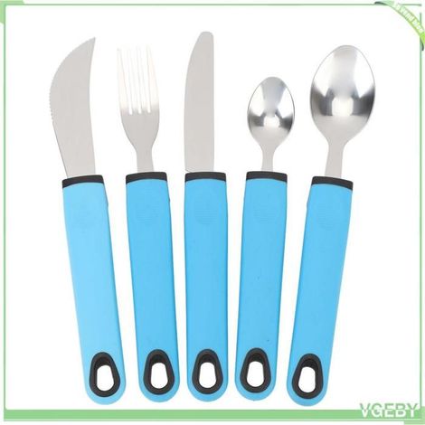 Fafeicy ensemble d’ustensiles adaptatifs Ensemble de couverts adaptatifs 5 pièces, ensemble parapharmacie accessoire Gris Bleu (1/5)