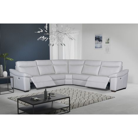 Canapé d'angle double relax en 100% tout cuir épais de luxe italien avec 2 relax électrique, 6/7 places, DAKOTA, blanc cassé (1/5)